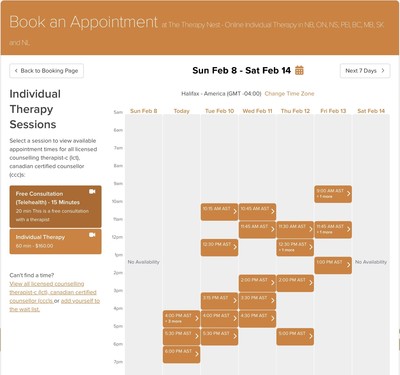 Link to: https://thetherapynest.janeapp.com/locations/the-therapy-nest/book#/discipline/1/treatment/42