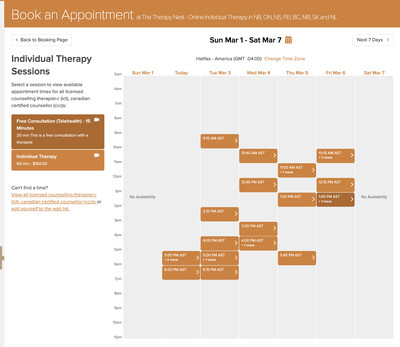 Link to: https://thetherapynest.janeapp.com/locations/the-therapy-nest/book#/discipline/1/treatment/42